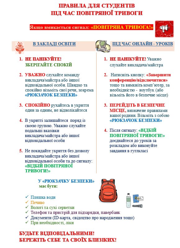 Правила поведінки для студентів підчас повітряної тривоги